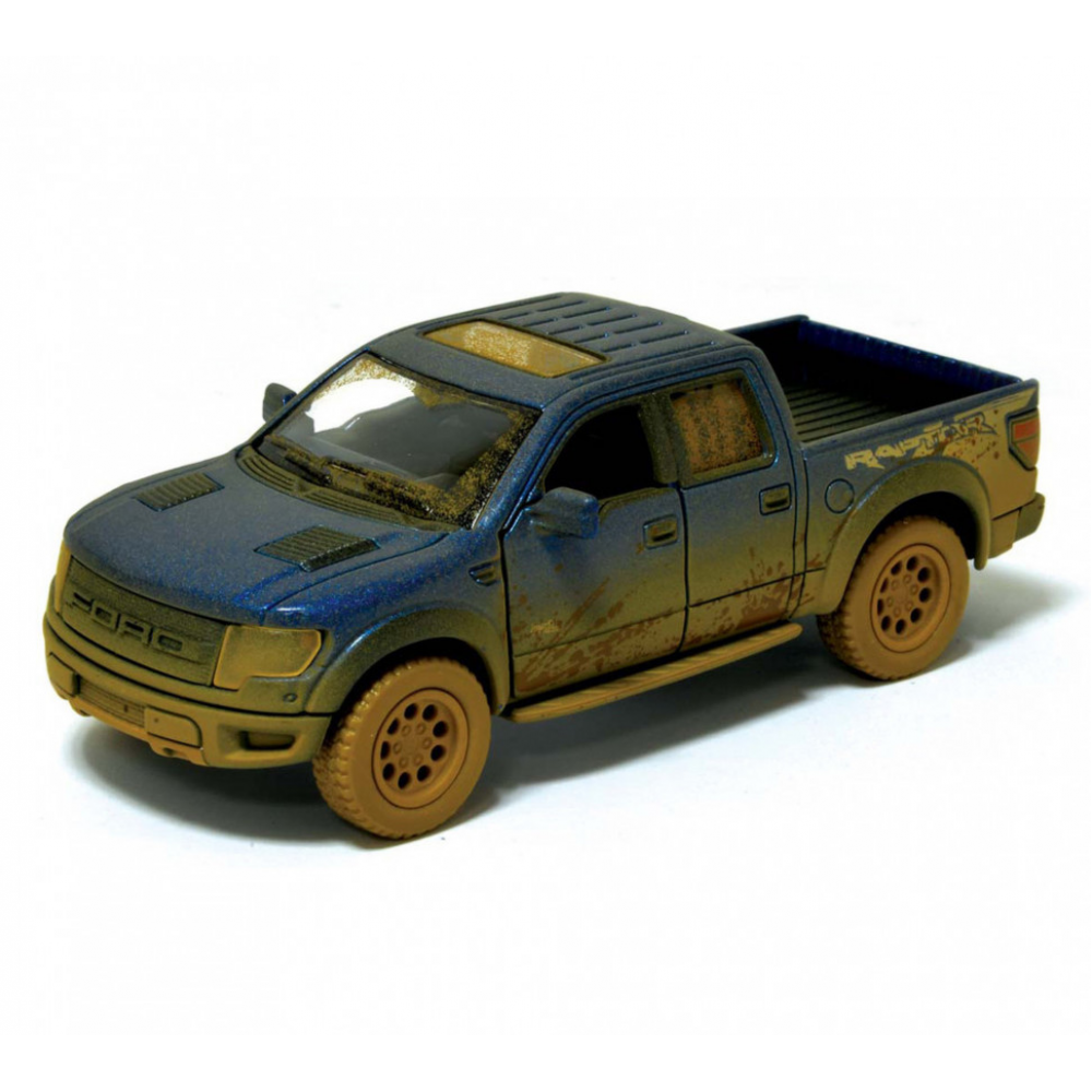 Детская модель машинки пикап Ford F-150 SVT Raptor-Supercrew Muddy Kinsmart KT5365WY инерционная, 1:46 Blue