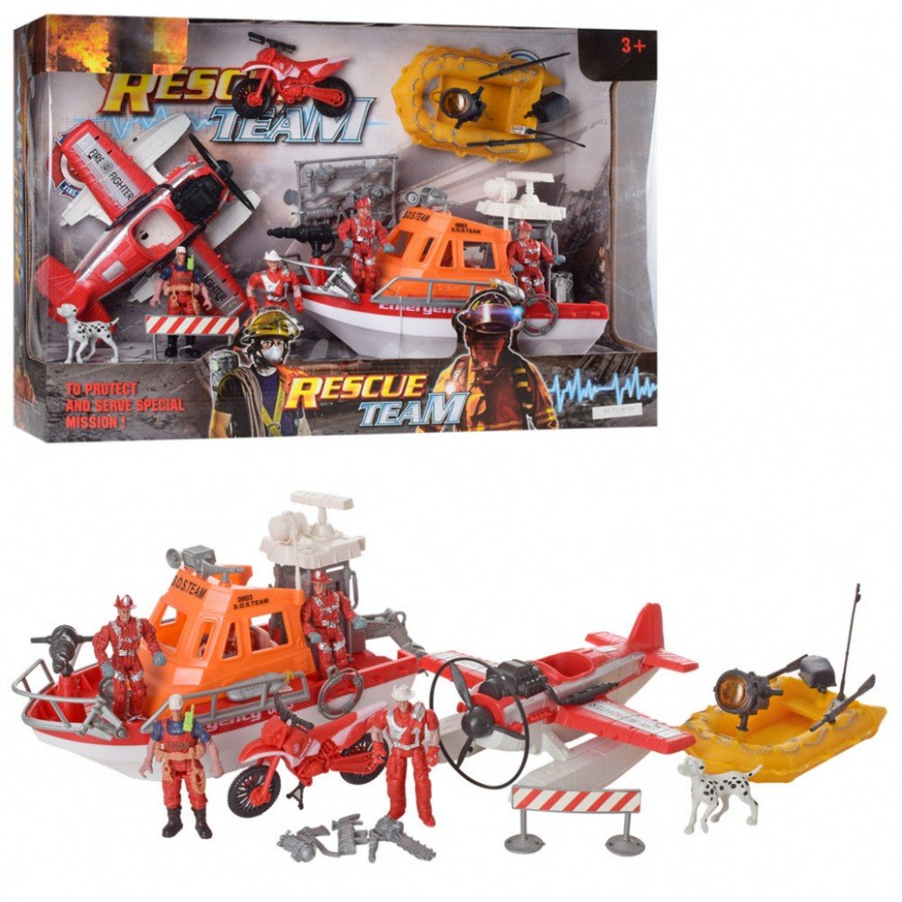 Набор спасателей F119-20 пожарн, катер, самолет, лодка, мотоцикл, фигурки