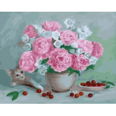 Картина по номерам. Rainbow Art "Цветы,вишни и котёнок" GX23647-RA
