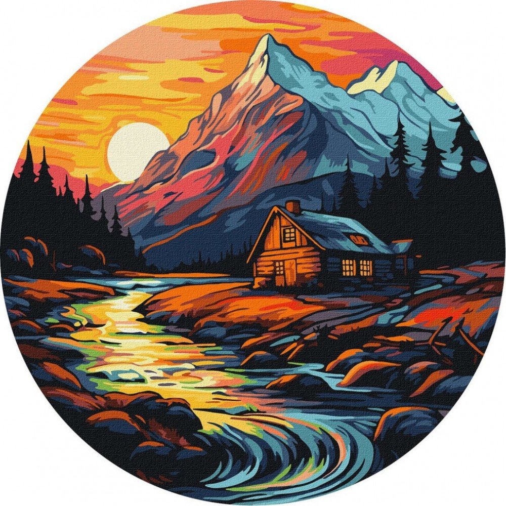 Картина по номерам "Дом у ручья" ©art_selena_ua KHO-R1015 диаметр 29 см