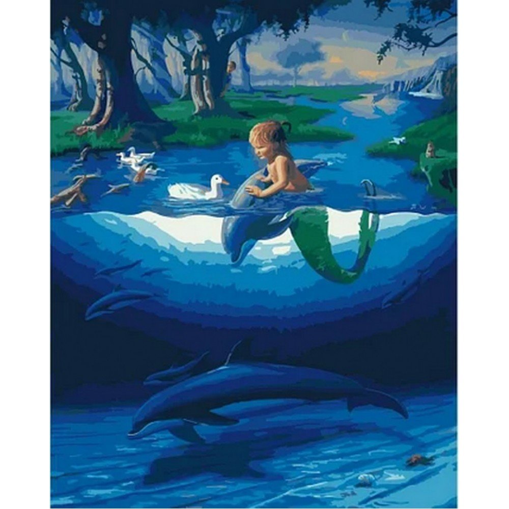 Картина по номерам Rainbow Art "Маленький русал с дельфинами" GX28270-RA