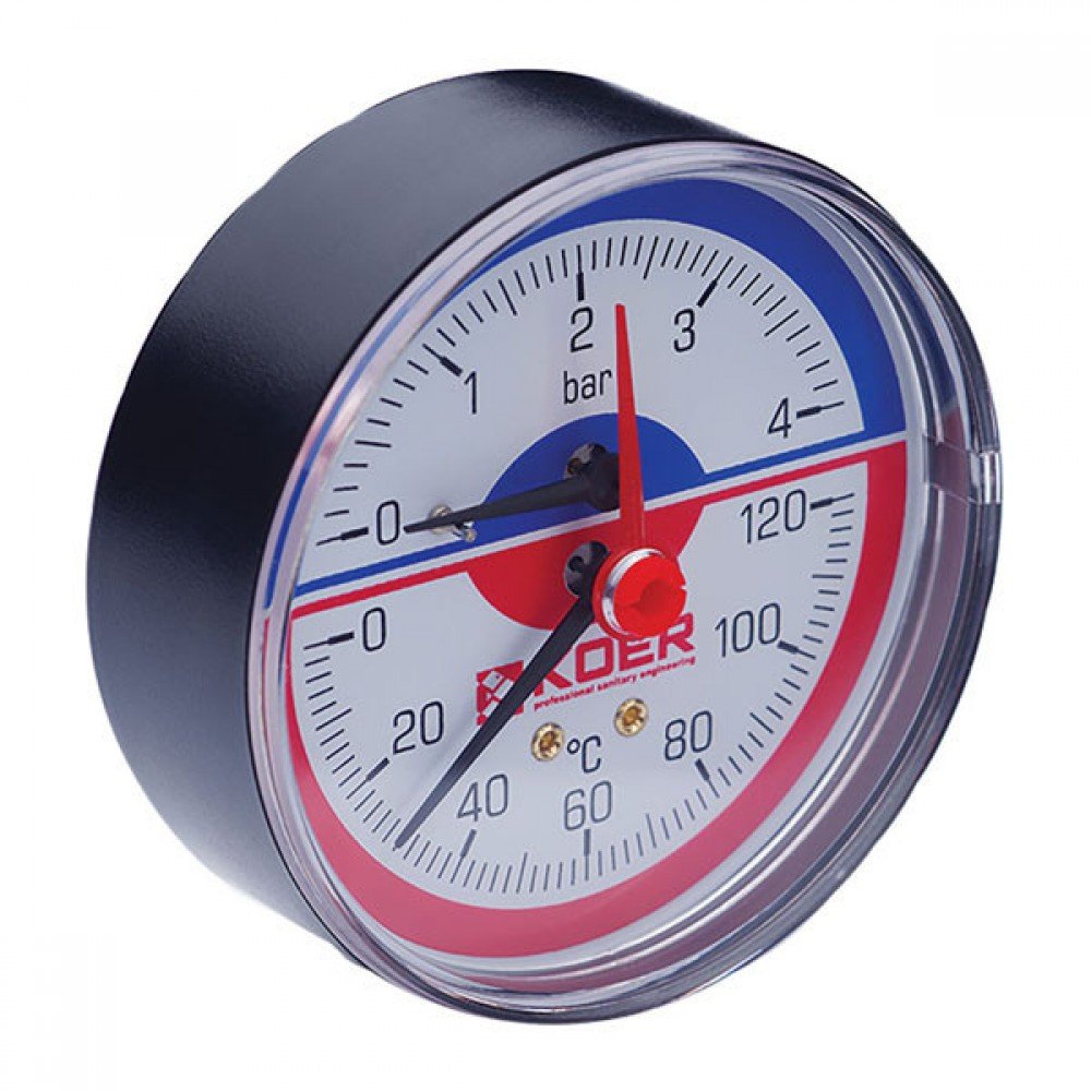 Термо-манометр аксиальный (KOER KM.802A) (0-4 bar), D=80мм, 1/2" (KR0222)