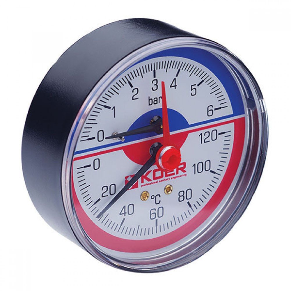 Термо-манометр аксиальный (KOER KM.802A) (0-6 bar), D=80мм, 1/2" (KR0223)