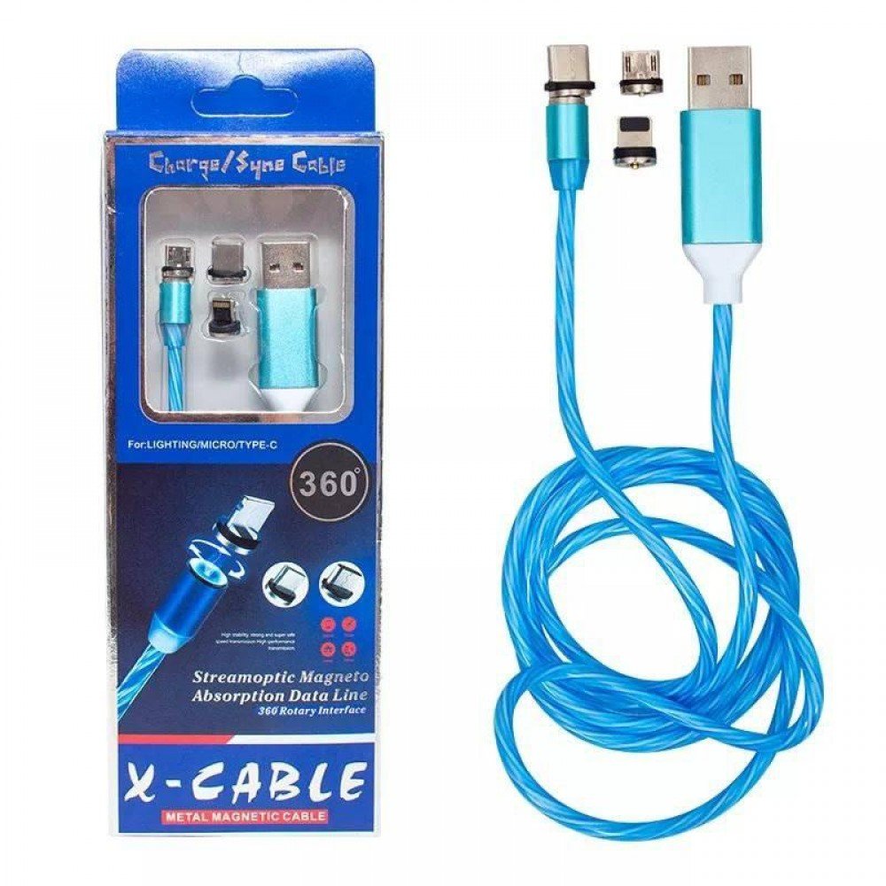 Новинка Магнитный светящийся кабель для зарядки 3 в 1 X-cable 360 (Iphone, microUSB, Type-C) 3А синий кабель Новинка Магнитный светящийся кабель для зарядки 3 в 1 X-cable 360 (Iphone, microUSB, Type-C) 3А синий кабель