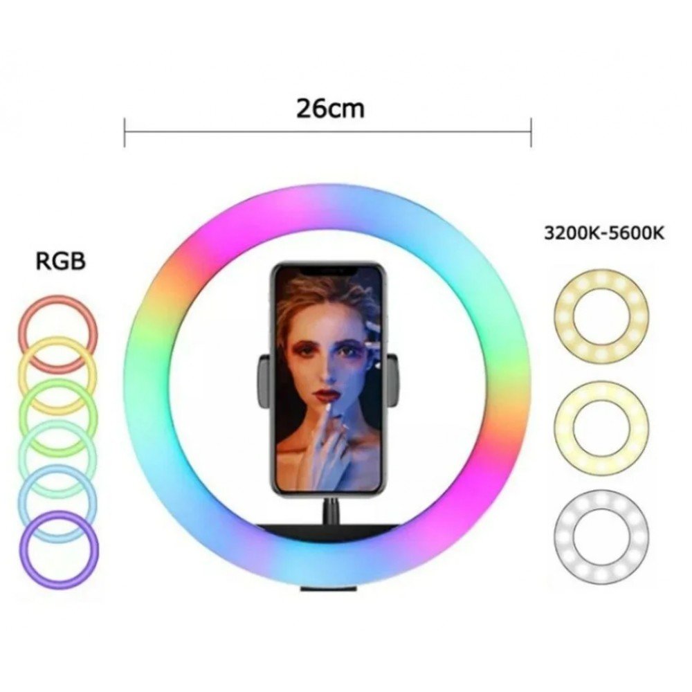 Селфи-кольцо 26 см RGB с мульти регулировкой света, управлением от USB и креплением под штатив и телефон Селфи-кольцо 26 см RGB с мульти регулировкой света, управлением от USB и креплением под штатив и телефон