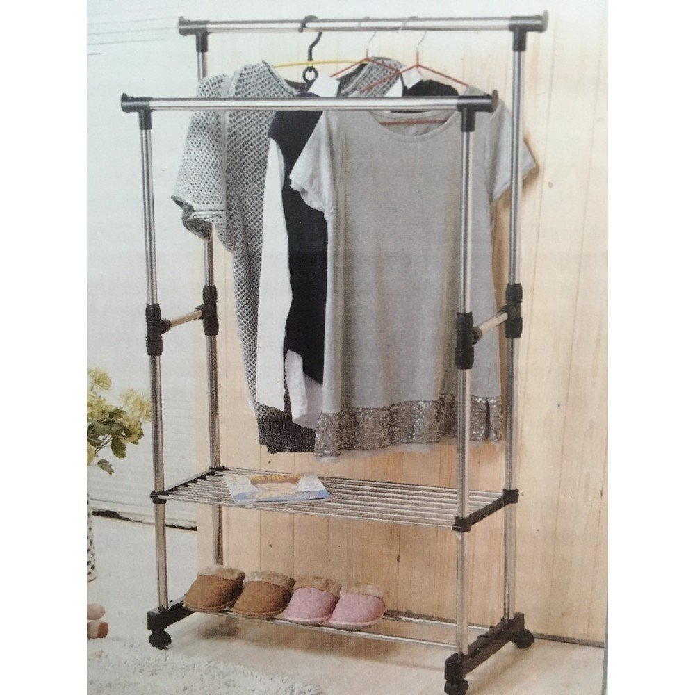 Телескопическая стойка-вешалка для одежды и обуви-Double Pole Clothes,двойная вешалка, с двумя полками,8210-1 Телескопическая стойка-вешалка для одежды и обуви-Double Pole Clothes,двойная вешалка, с двумя полками,8210-1