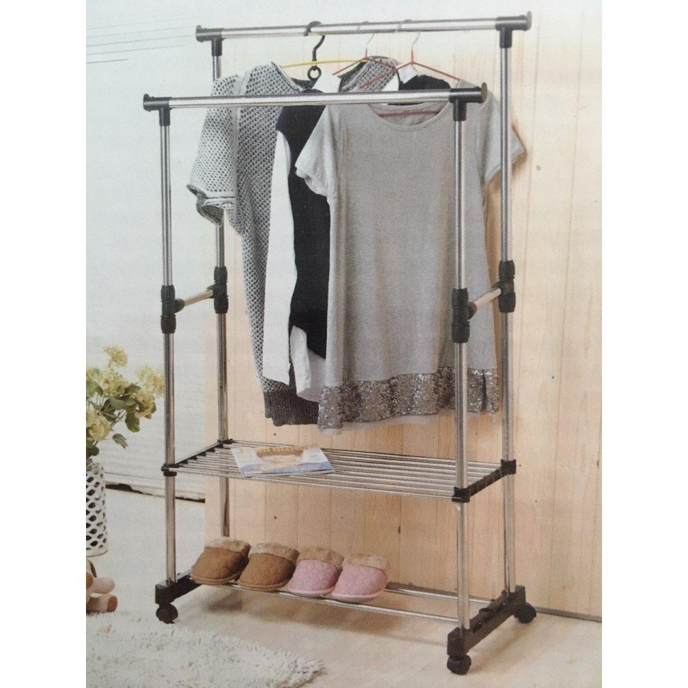 Телескопическая стойка-вешалка для одежды и обуви-Double Pole Clothes,двойная вешалка, с двумя полками,8210-1 Телескопическая стойка-вешалка для одежды и обуви-Double Pole Clothes,двойная вешалка, с двумя полками,8210-1