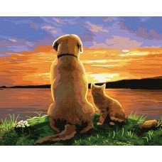 Картина по номерам Пёс с котенком на закате 40х50 BK-GX34574 Rainbow Art